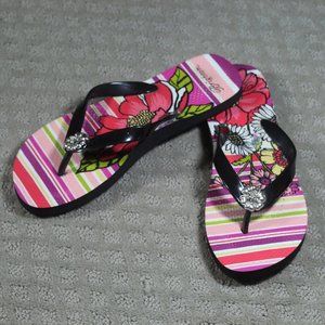 Brighton Size 7/8 Floral Flip Flops with Silver-toned Flower Accent